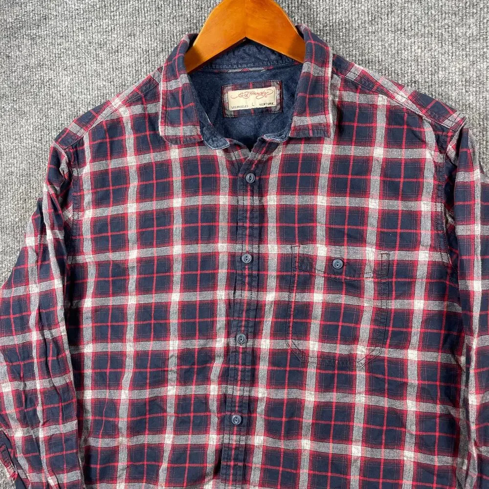 Ed Hardy Casual Button Up Shirt Men's Large Blue/Red Plaid Flip Cuff Outdoors